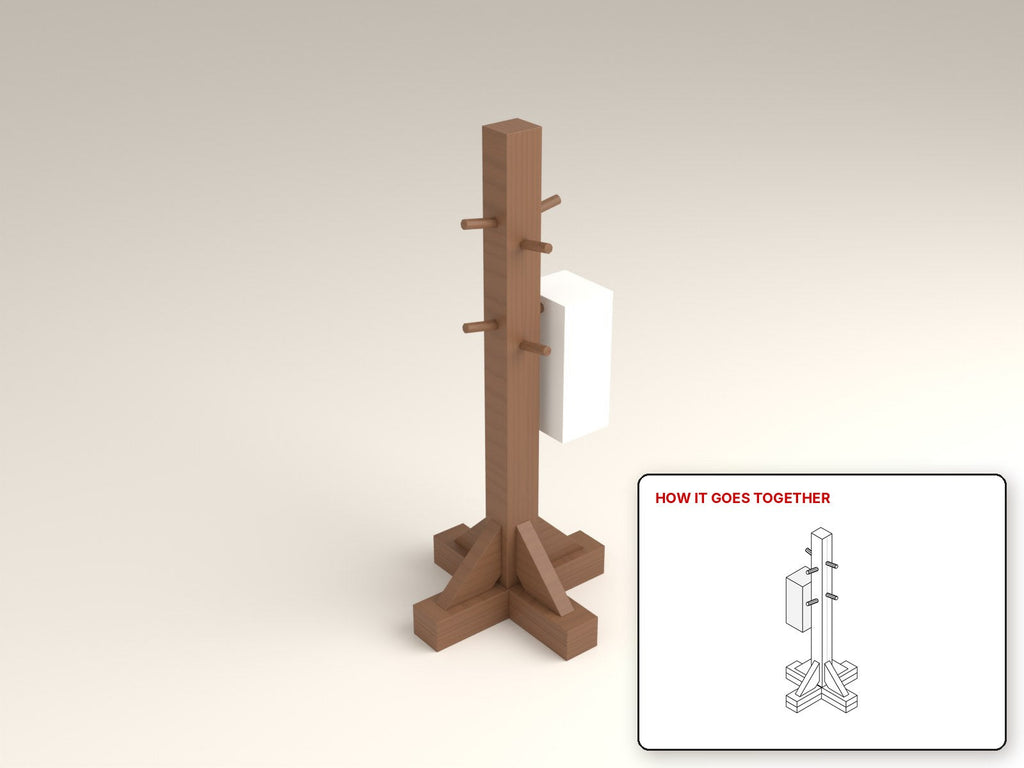 Kids' Coat Tree rendered in walnut, with the how-it-goes-together sketch inset. Free woodworking plan