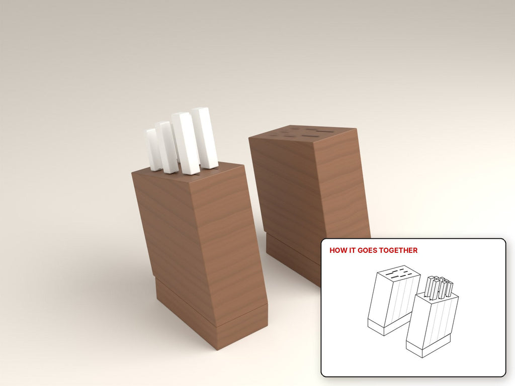 Angled Knife Block rendered in walnut, with the how-it-goes-together sketch inset. Free woodworking plan