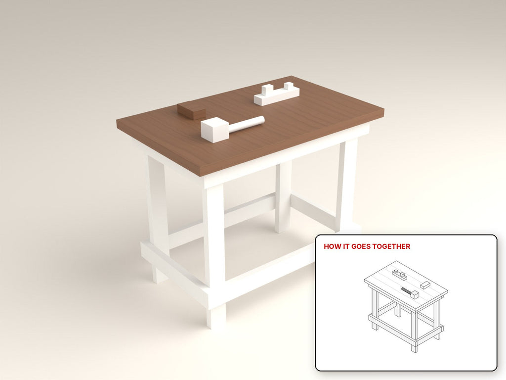 Laminated Workbench Top rendered in walnut, with the how-it-goes-together sketch inset. Free woodworking plan