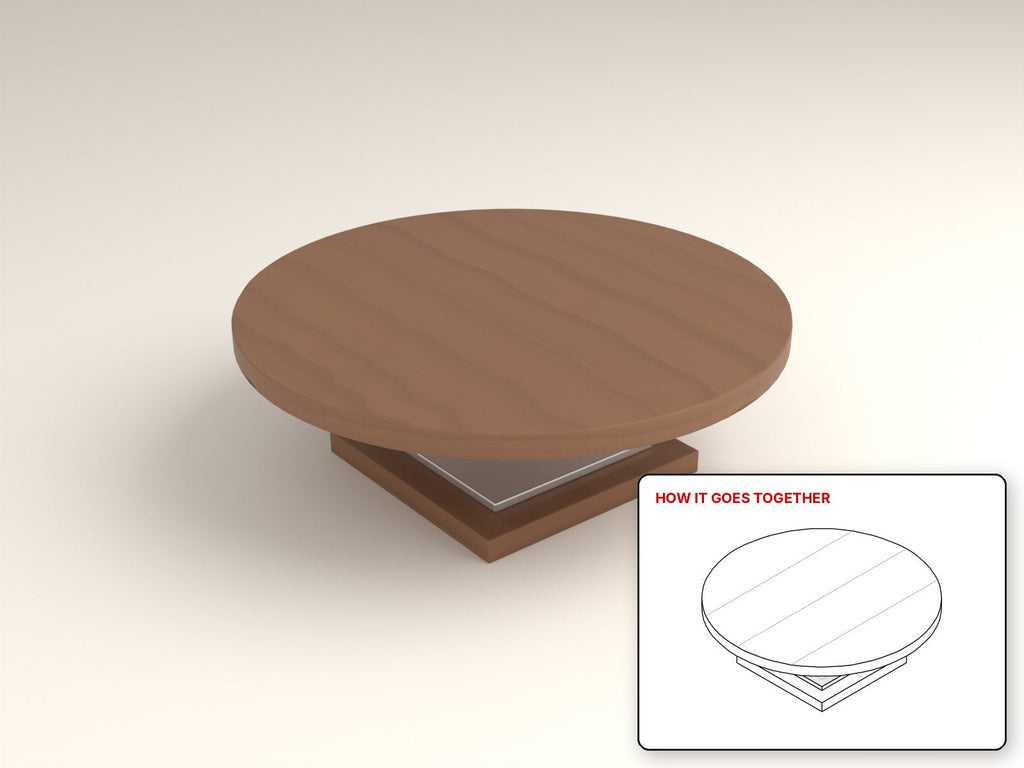 Hardwood Lazy Susan rendered in walnut, with the how-it-goes-together sketch inset. Free woodworking plan