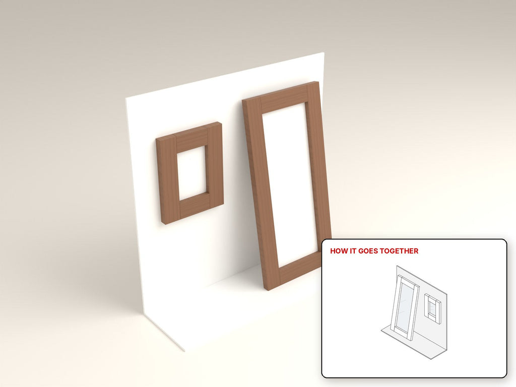 Leaning Floor Mirror Frame rendered in walnut, with the how-it-goes-together sketch inset. Free woodworking plan