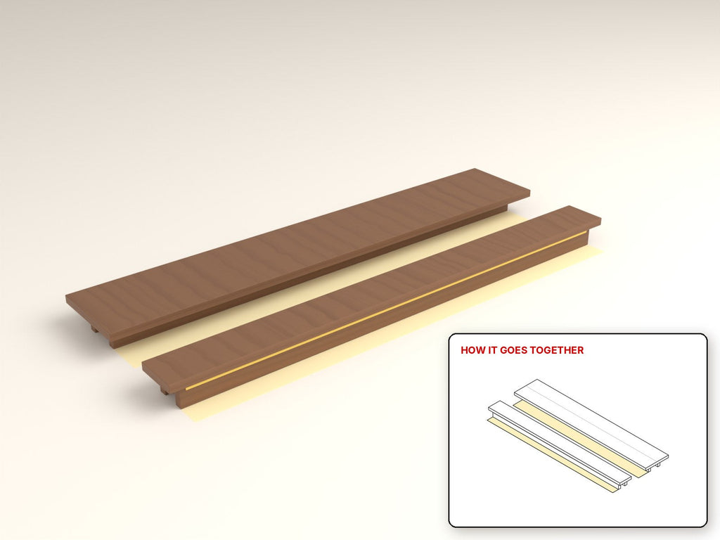 Lighted Table Runner Riser rendered in walnut, with the how-it-goes-together sketch inset. Free woodworking plan