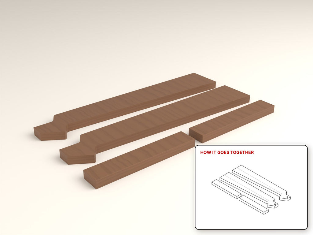 Long Charcuterie Plank rendered in walnut, with the how-it-goes-together sketch inset. Free woodworking plan