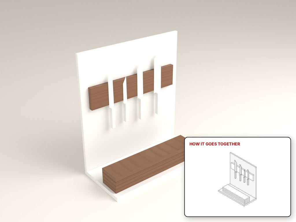Magnetic Knife Strip rendered in walnut, with the how-it-goes-together sketch inset. Free woodworking plan