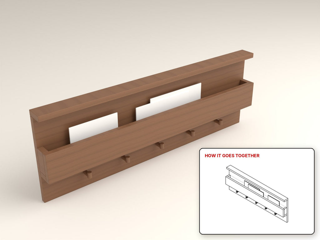 Mail Sorter with Key Hooks rendered in walnut, with the how-it-goes-together sketch inset. Free woodworking plan