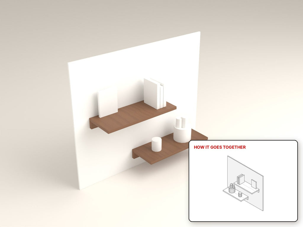 Mini Floating Shelves rendered in walnut, with the how-it-goes-together sketch inset. Free woodworking plan