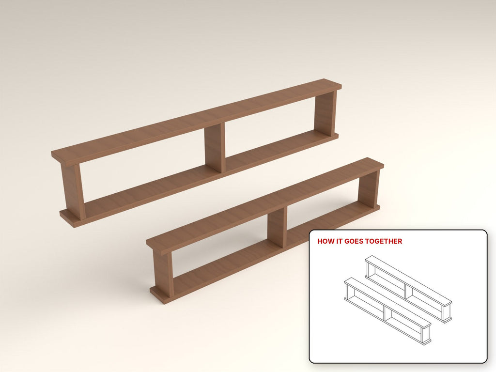 Modern Wall Shelf rendered in walnut, with the how-it-goes-together sketch inset. Free woodworking plan