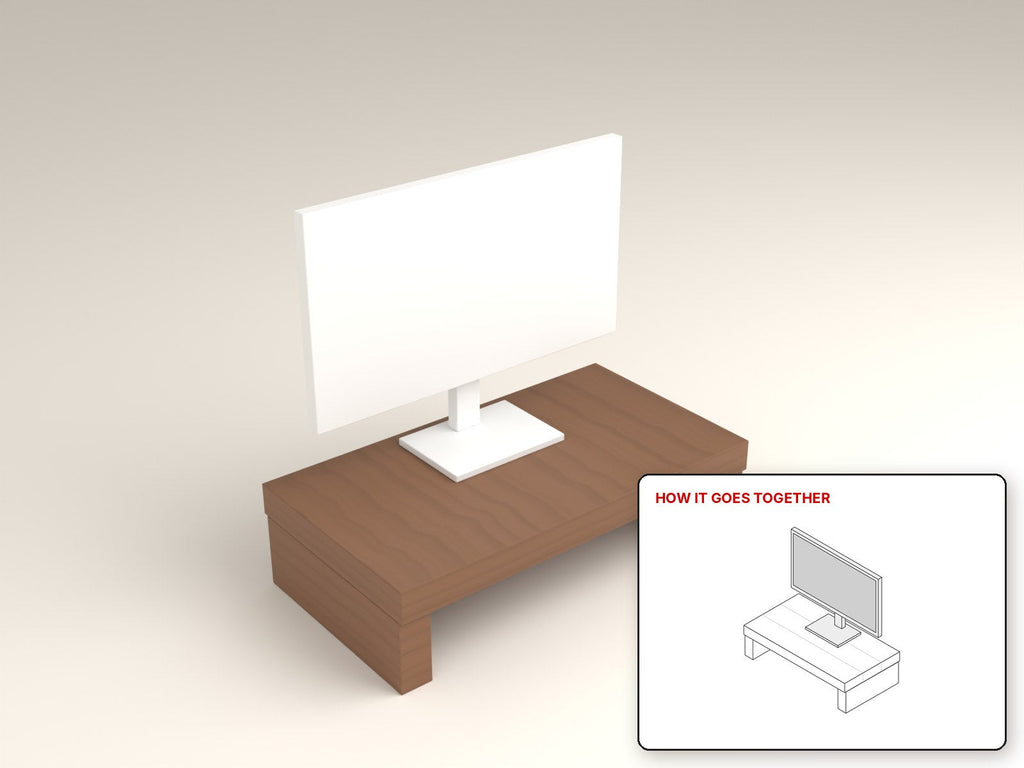 Monitor / Laptop Riser rendered in walnut, with the how-it-goes-together sketch inset. Free woodworking plan