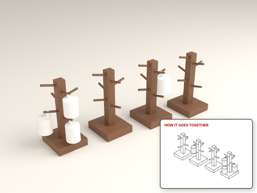 Mug Tree Stand rendered in walnut, with the how-it-goes-together sketch inset. Free woodworking plan