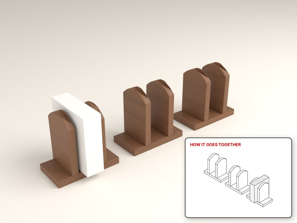 Hardwood Napkin Holder rendered in walnut, with the how-it-goes-together sketch inset. Free woodworking plan