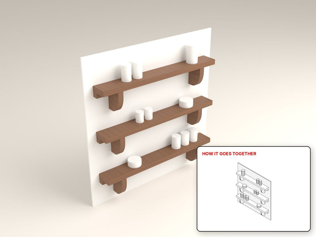 Open Kitchen Shelves rendered in walnut, with the how-it-goes-together sketch inset. Free woodworking plan