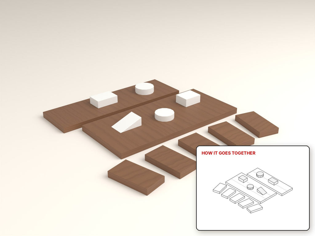 Party Grazing Board Set rendered in walnut, with the how-it-goes-together sketch inset. Free woodworking plan