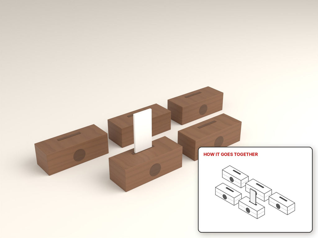 Passive Phone Speaker rendered in walnut, with the how-it-goes-together sketch inset. Free woodworking plan
