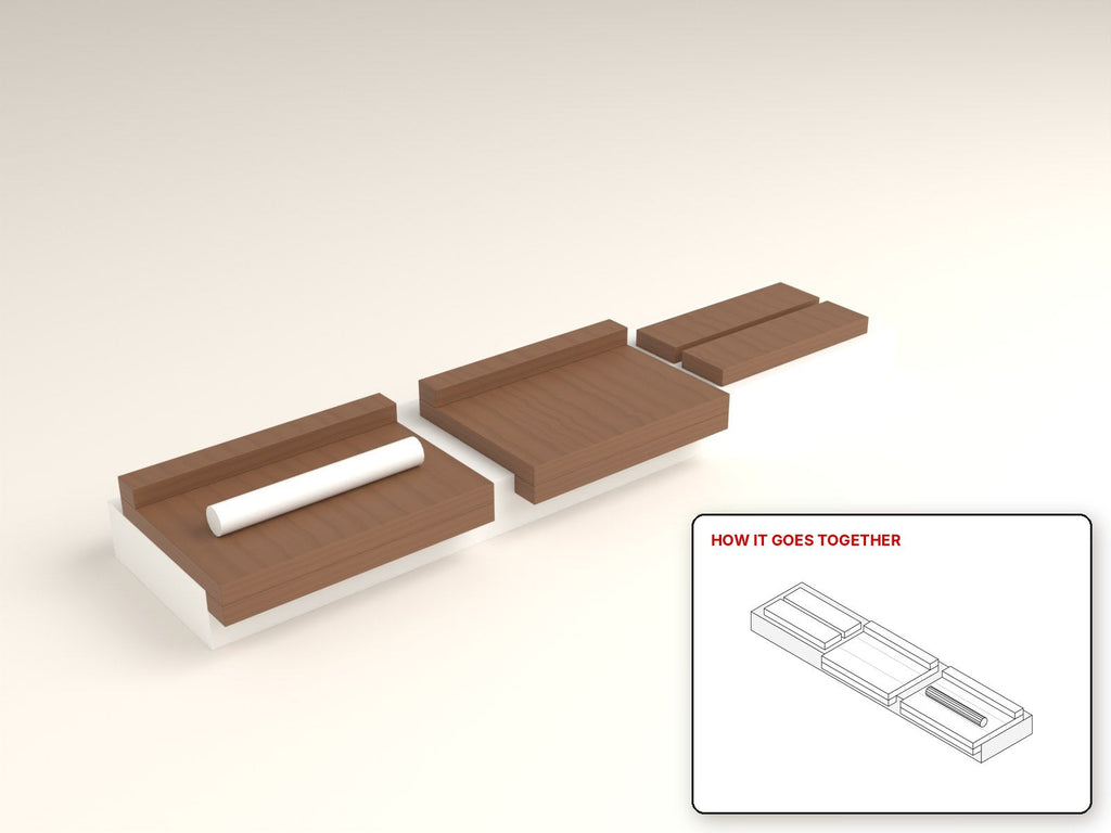 Pastry Kneading Board rendered in walnut, with the how-it-goes-together sketch inset. Free woodworking plan