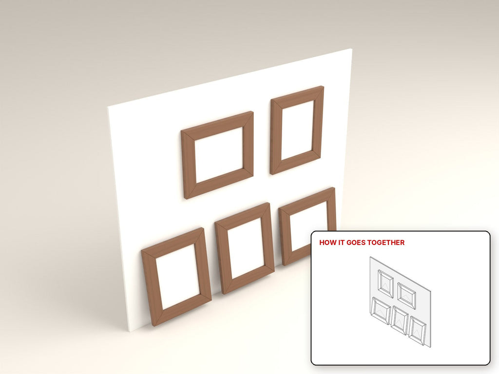8 × 10 Picture Frames rendered in walnut, with the how-it-goes-together sketch inset. Free woodworking plan