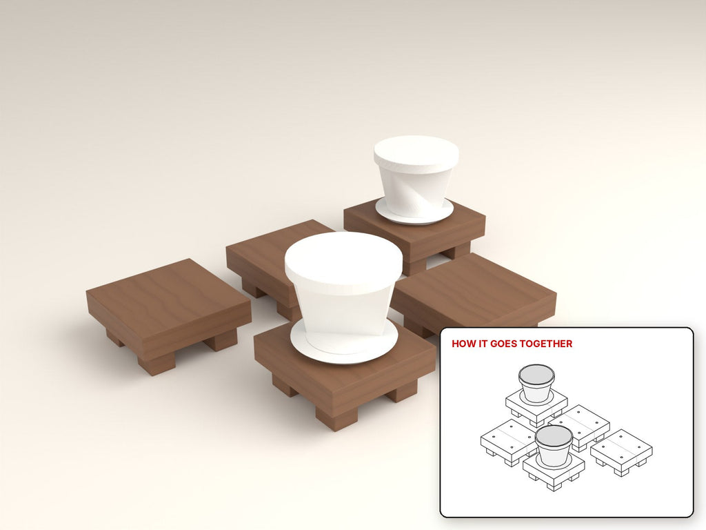 Hardwood Plant Risers rendered in walnut, with the how-it-goes-together sketch inset. Free woodworking plan