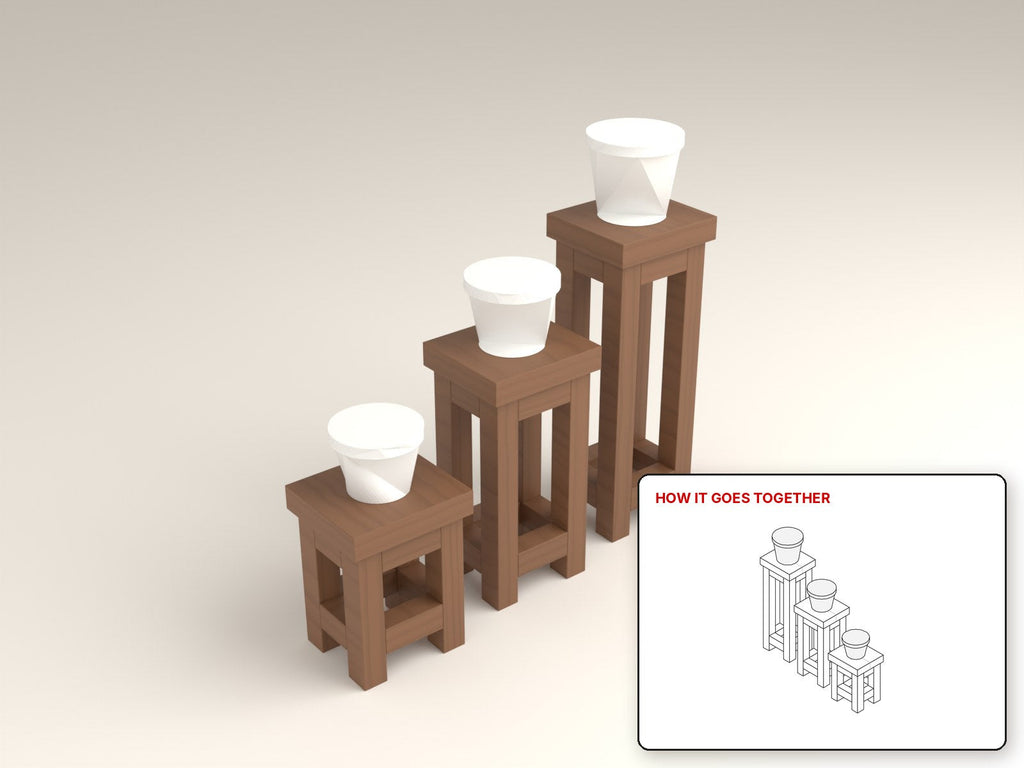 Plant Stand Trio rendered in walnut, with the how-it-goes-together sketch inset. Free woodworking plan
