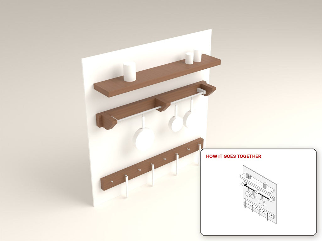Pot and Pan Rail Shelf rendered in walnut, with the how-it-goes-together sketch inset. Free woodworking plan