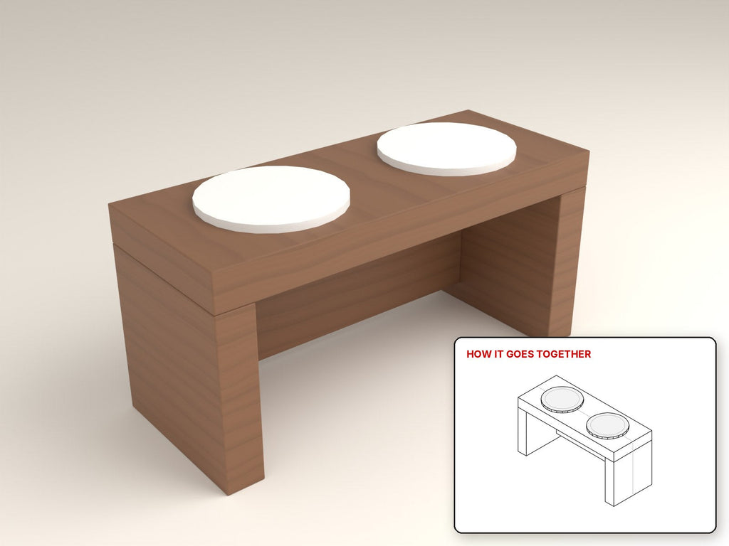 Raised Dog Bowl Stand rendered in walnut, with the how-it-goes-together sketch inset. Free woodworking plan