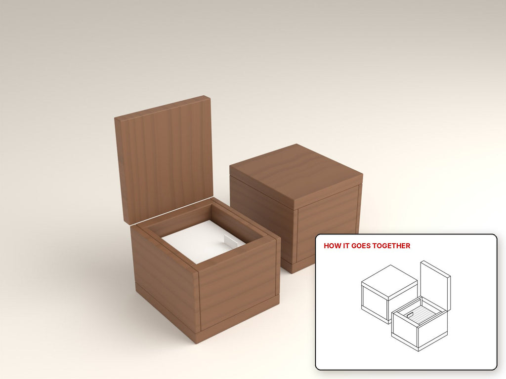 Recipe Card Box rendered in walnut, with the how-it-goes-together sketch inset. Free woodworking plan