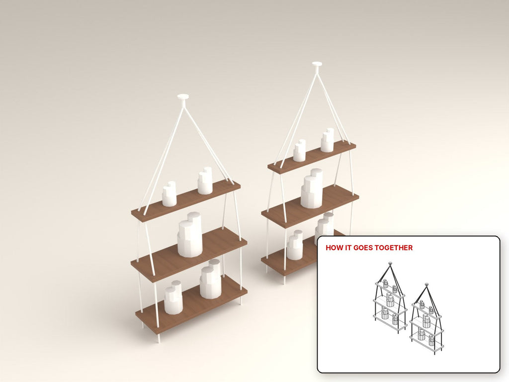 Rope Hung Plant Shelves rendered in walnut, with the how-it-goes-together sketch inset. Free woodworking plan