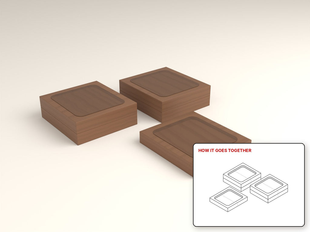 Router-Carved Valet Dish rendered in walnut, with the how-it-goes-together sketch inset. Free woodworking plan