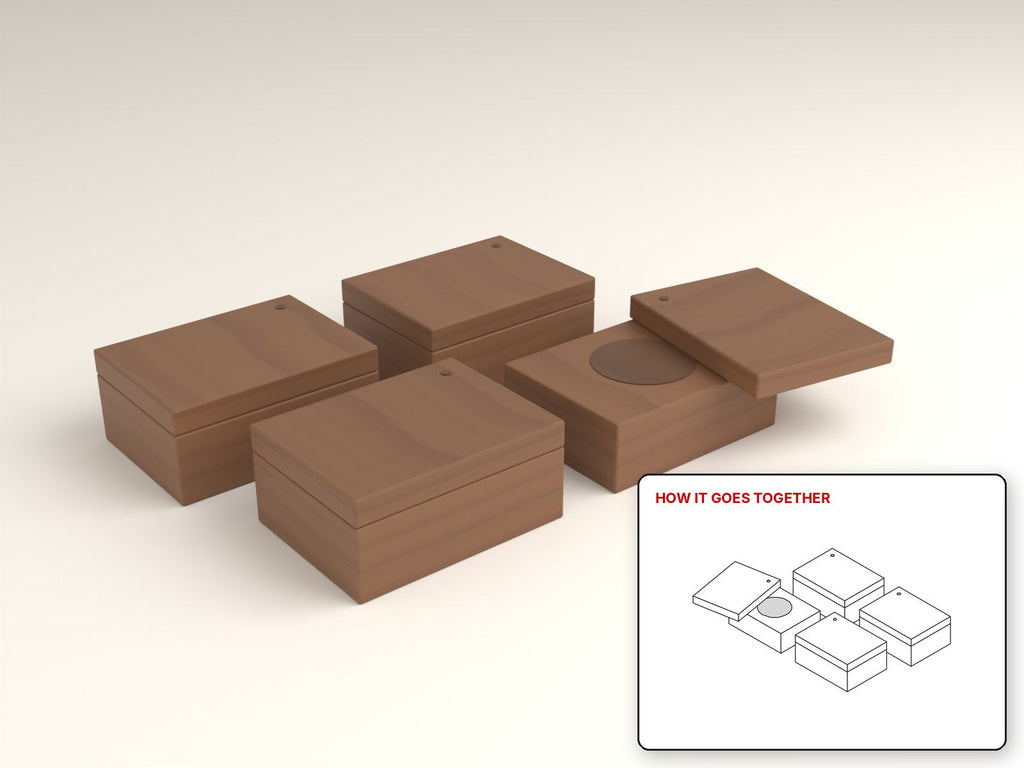 Salt Cellar with Swivel Lid rendered in walnut, with the how-it-goes-together sketch inset. Free woodworking plan