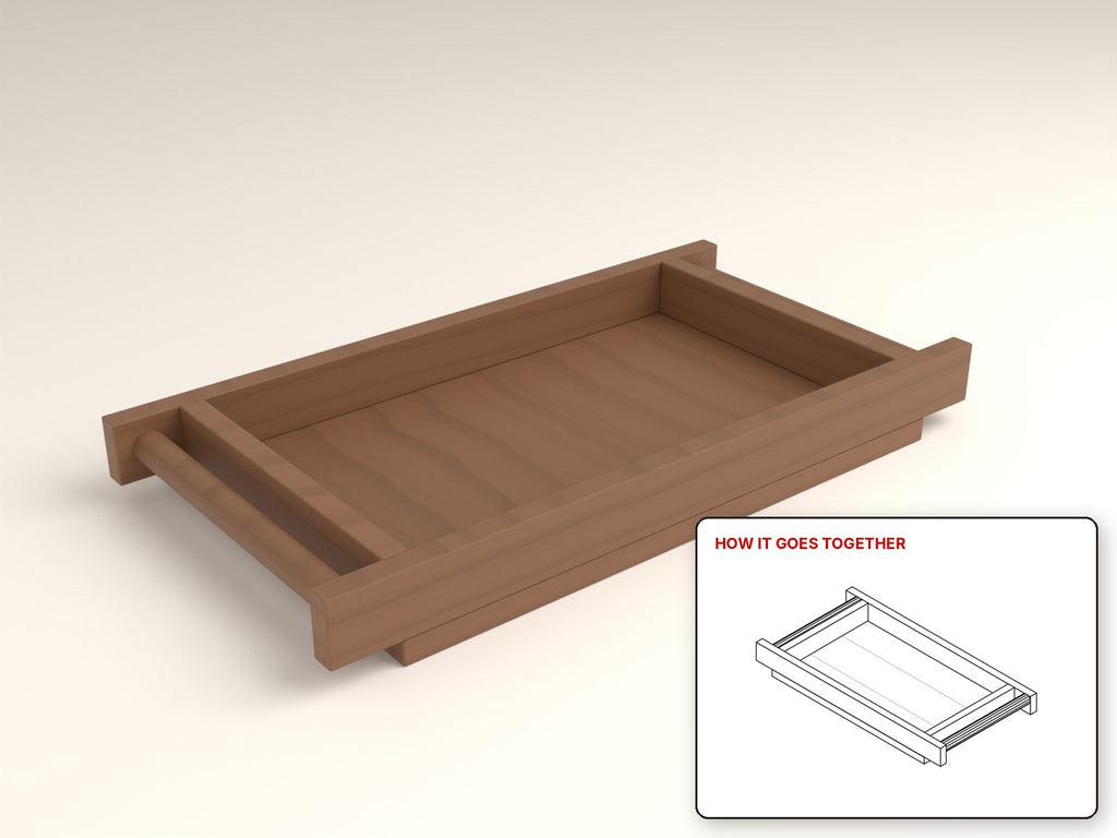 Serving Tray with Dowel Handles rendered in walnut, with the how-it-goes-together sketch inset. Free woodworking plan