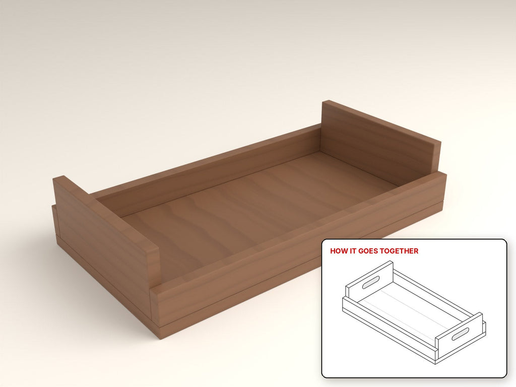 Serving Tray with Rails rendered in walnut, with the how-it-goes-together sketch inset. Free woodworking plan