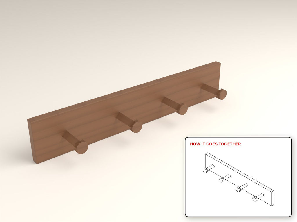 Shaker Peg Rail rendered in walnut, with the how-it-goes-together sketch inset. Free woodworking plan