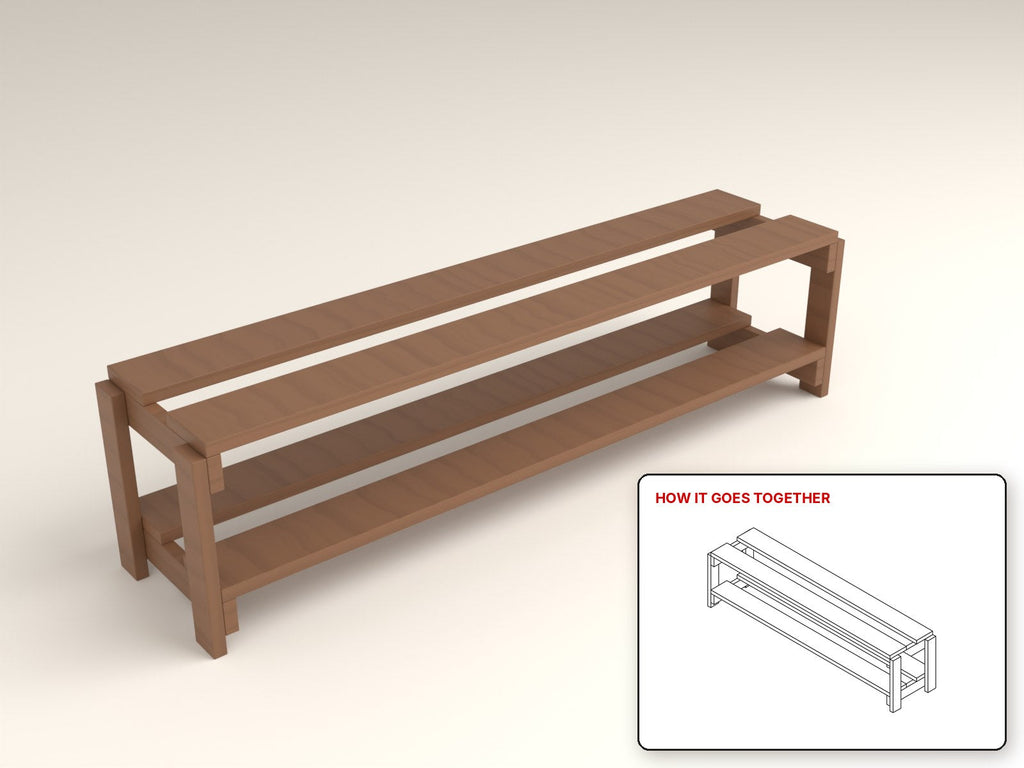 Simple Double Shoe Rack rendered in walnut, with the how-it-goes-together sketch inset. Free woodworking plan