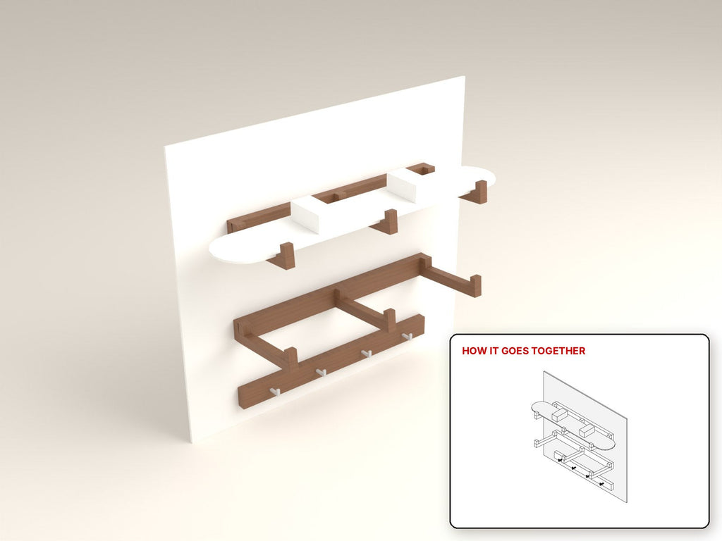 Ski and Snowboard Wall Rack rendered in walnut, with the how-it-goes-together sketch inset. Free woodworking plan
