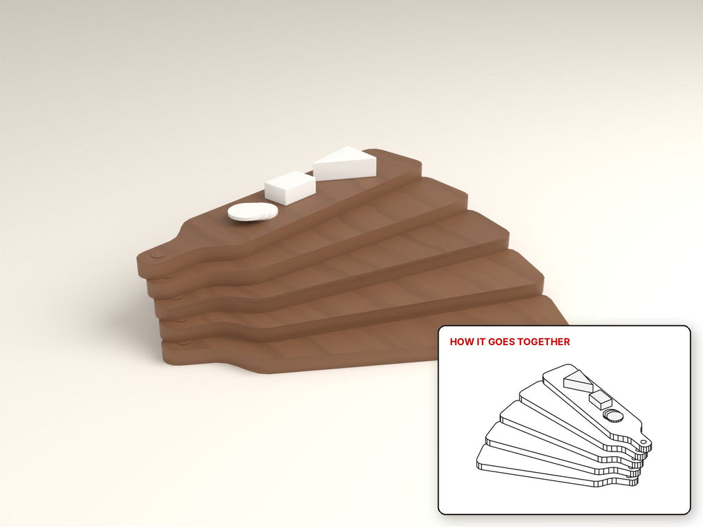 Slim Cheese Boards rendered in walnut, with the how-it-goes-together sketch inset. Free woodworking plan