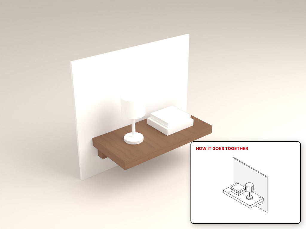 Floating Nightstand Shelf rendered in walnut, with the how-it-goes-together sketch inset. Free woodworking plan