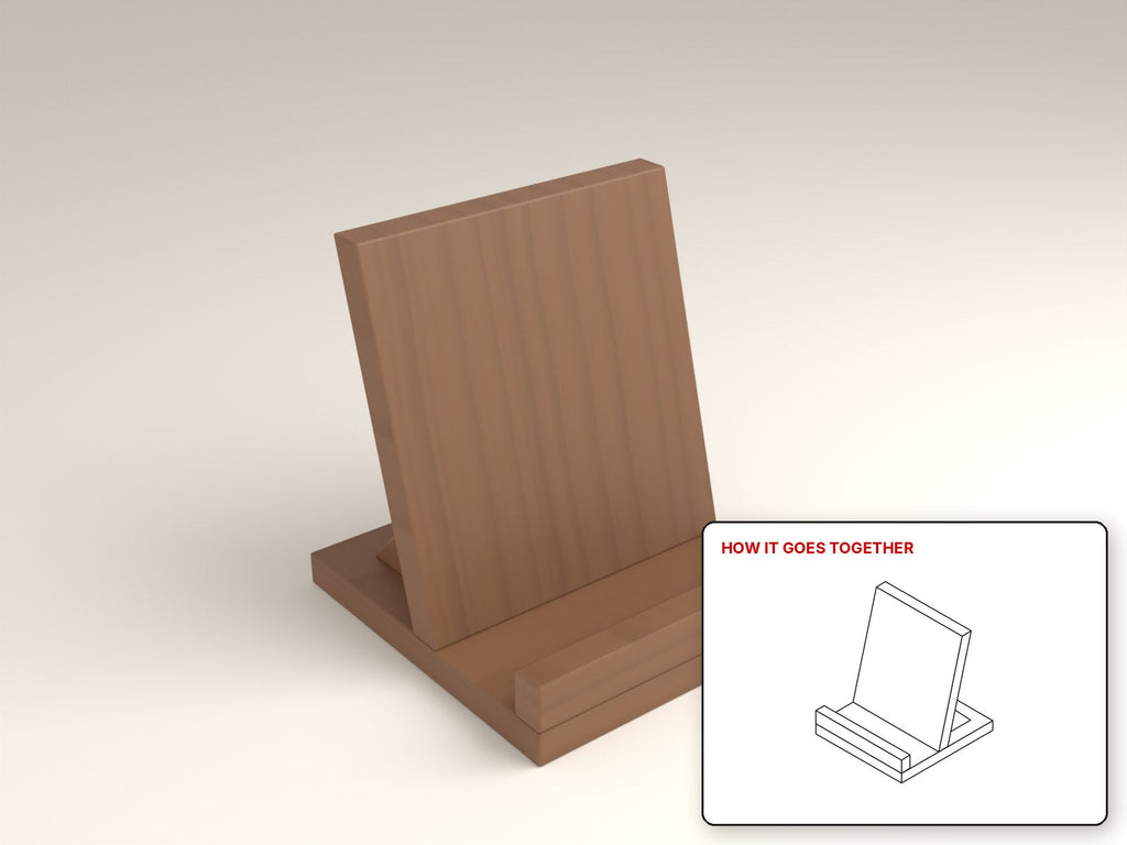 Tablet / Cookbook Stand rendered in walnut, with the how-it-goes-together sketch inset. Free woodworking plan