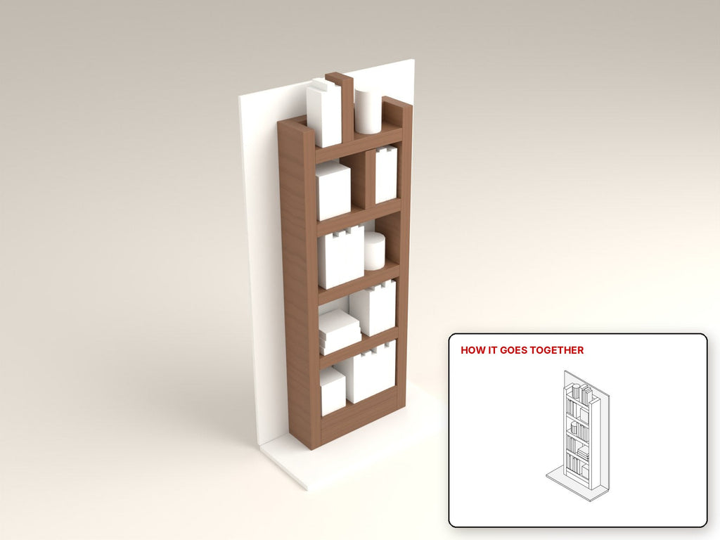 Tall Narrow Bookcase rendered in walnut, with the how-it-goes-together sketch inset. Free woodworking plan