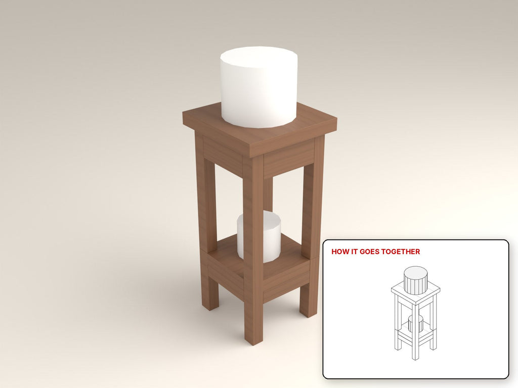 Tall Plant Stand rendered in walnut, with the how-it-goes-together sketch inset. Free woodworking plan