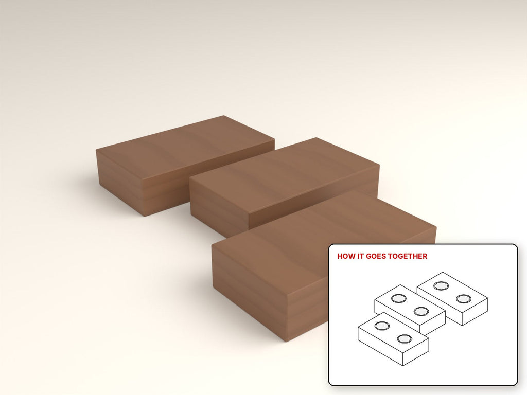 Tealight Candle Logs rendered in walnut, with the how-it-goes-together sketch inset. Free woodworking plan