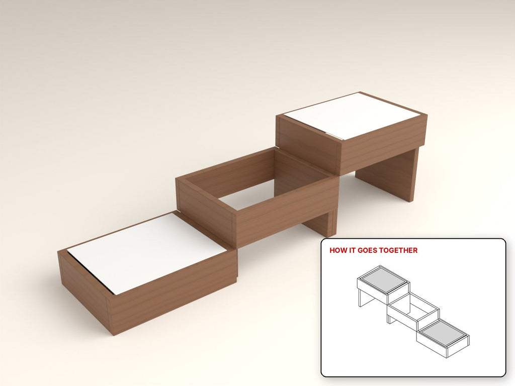 Tiered Buffet Stand rendered in walnut, with the how-it-goes-together sketch inset. Free woodworking plan