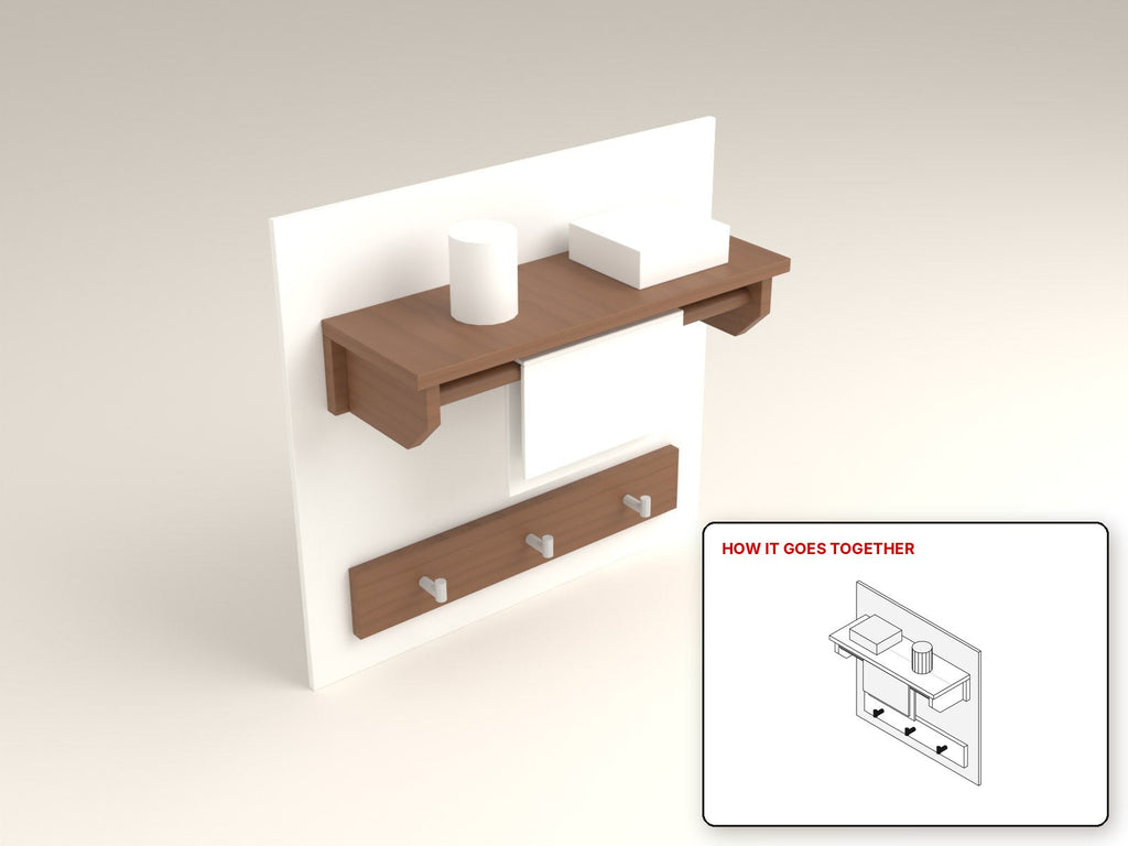 Towel Rack with Shelf rendered in walnut, with the how-it-goes-together sketch inset. Free woodworking plan