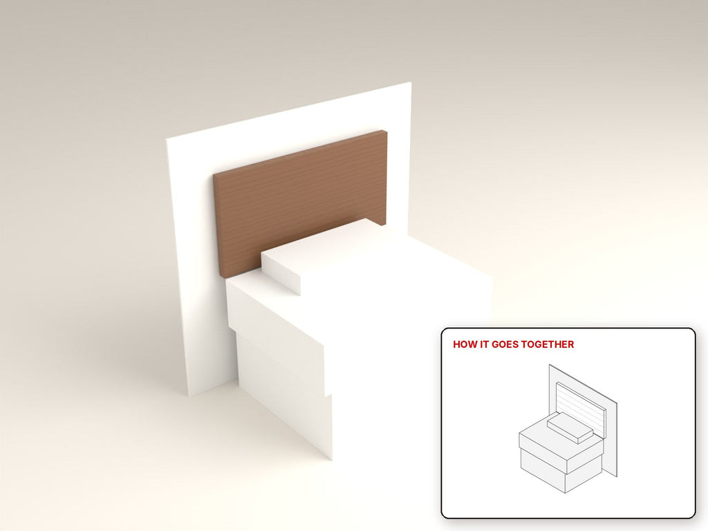 Wall-Mounted Twin Headboard rendered in walnut, with the how-it-goes-together sketch inset. Free woodworking plan