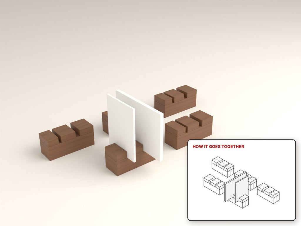 Vertical Laptop Dock rendered in walnut, with the how-it-goes-together sketch inset. Free woodworking plan