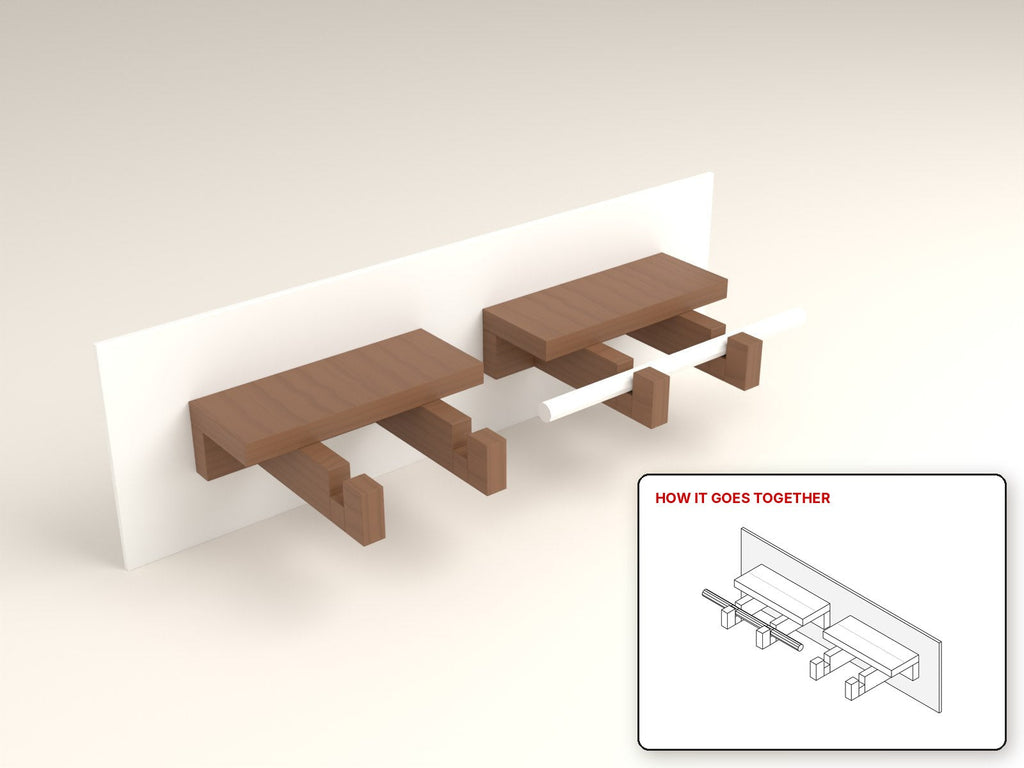 Wall Bike Rack with Shelf rendered in walnut, with the how-it-goes-together sketch inset. Free woodworking plan