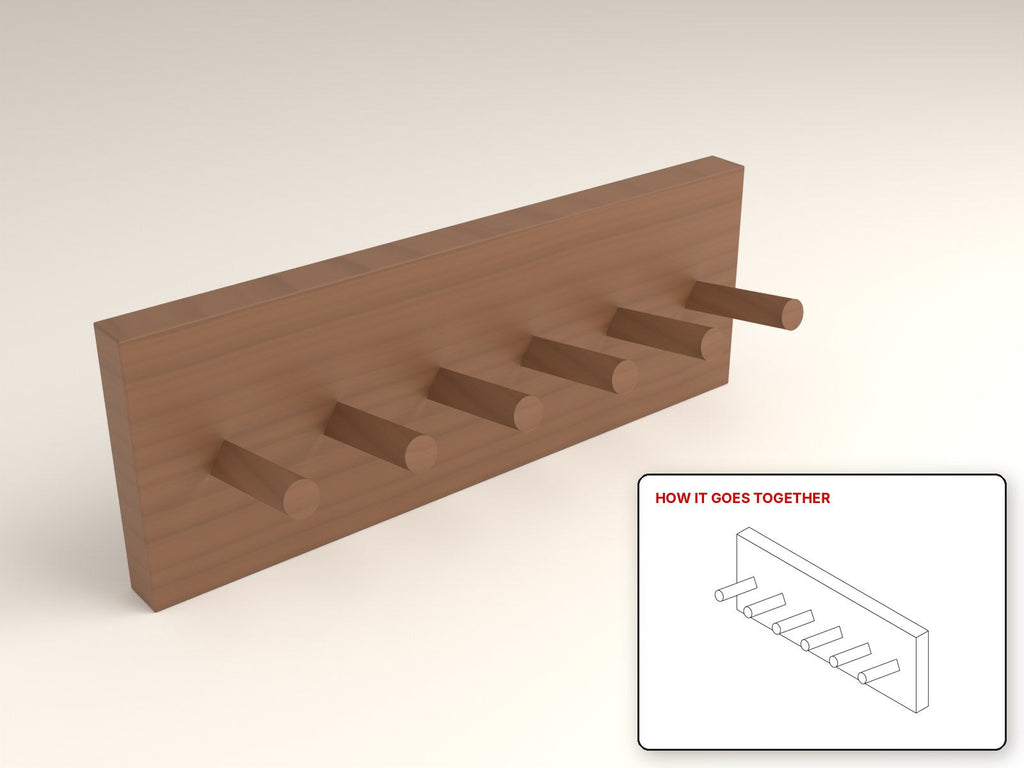 Wall-Mounted Boot Rack rendered in walnut, with the how-it-goes-together sketch inset. Free woodworking plan
