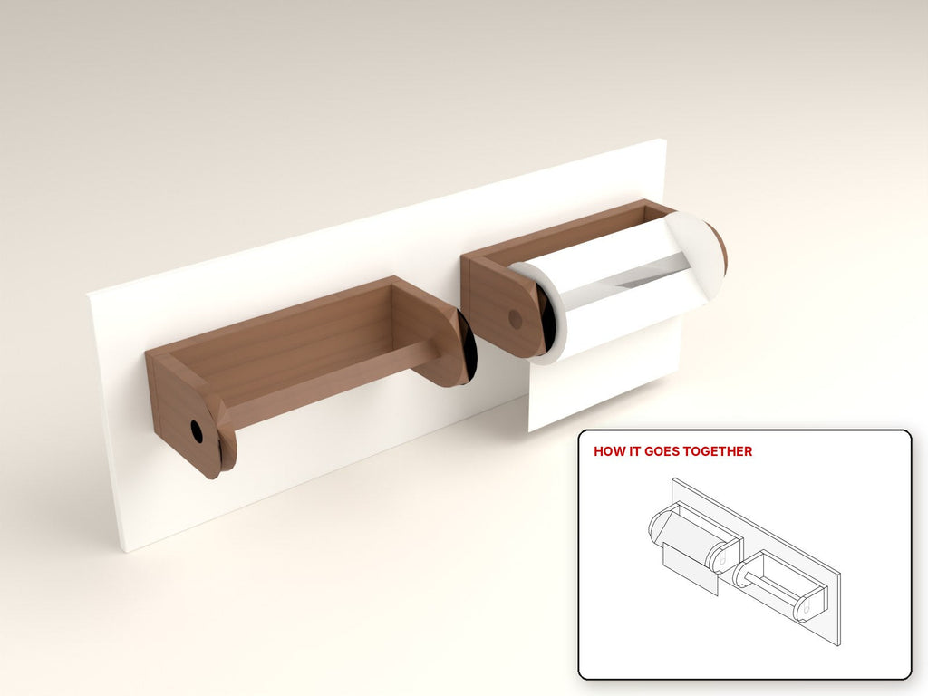 Wall Paper Towel Holder rendered in walnut, with the how-it-goes-together sketch inset. Free woodworking plan