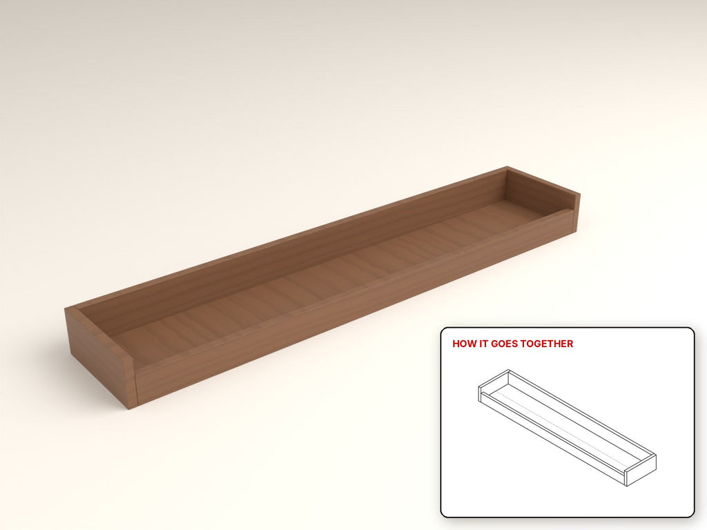 Wall-Mounted Shoe Bin rendered in walnut, with the how-it-goes-together sketch inset. Free woodworking plan