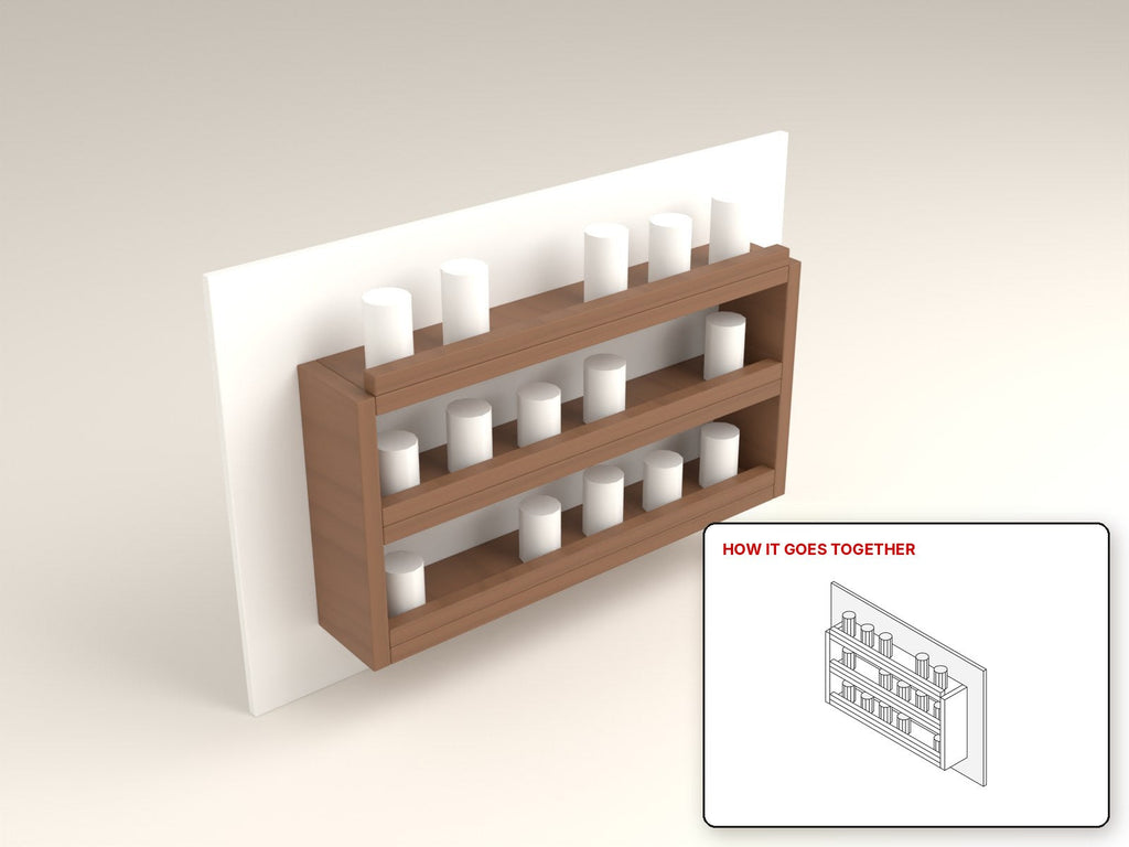 Wall Spice Rack rendered in walnut, with the how-it-goes-together sketch inset. Free woodworking plan