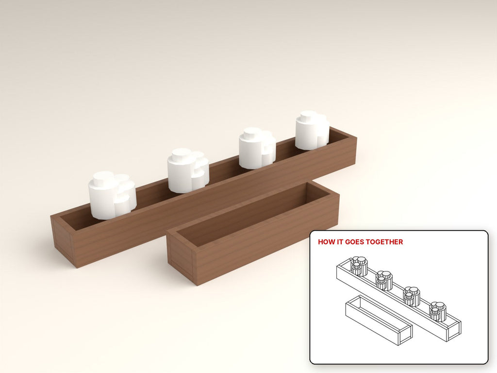 Window Herb Planter rendered in walnut, with the how-it-goes-together sketch inset. Free woodworking plan