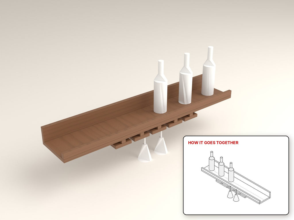 Wine Bottle and Glass Shelf rendered in walnut, with the how-it-goes-together sketch inset. Free woodworking plan