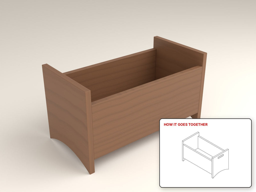 Wooden Doll Cradle rendered in walnut, with the how-it-goes-together sketch inset. Free woodworking plan